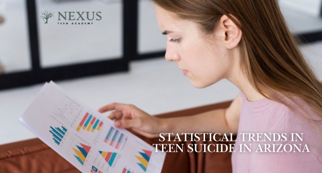 Image of a woman analyzing colorful statistical charts, representing a study on teen suicide trends in Arizona. Highlights the importance of understanding statistics to address this critical issue.