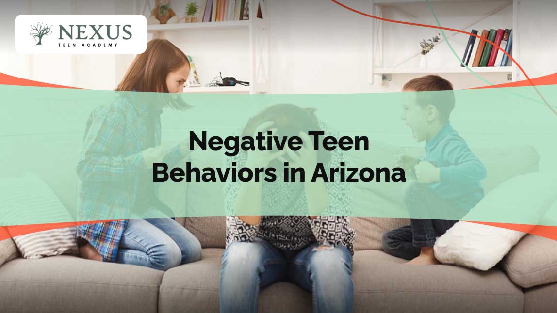 Image of a family conflict with a frustrated parent sitting on the couch and teenagers arguing. Text overlay: 'Negative Teen Behaviors in Arizona.