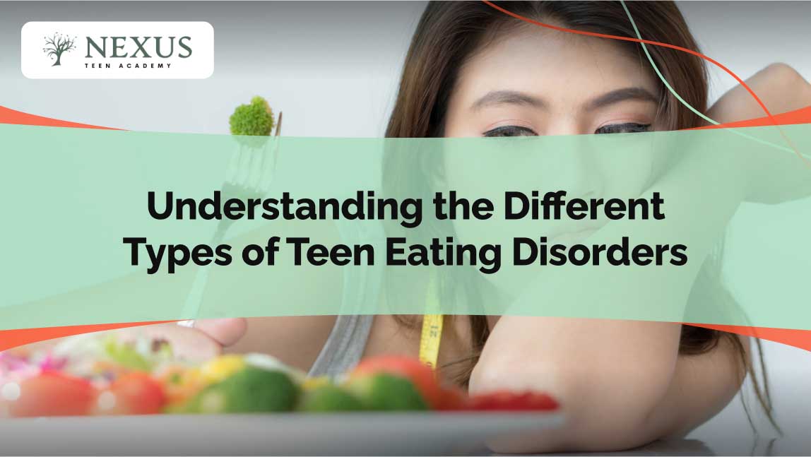 Teen girl staring at food with disinterest, symbolizing struggles with eating disorders. Text overlay: 'Understanding the Different Types of Teen Eating Disorders.'