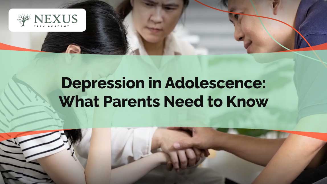 Concerned parents and counselor comforting a distressed teen seated at a table, illustrating adolescent depression support.