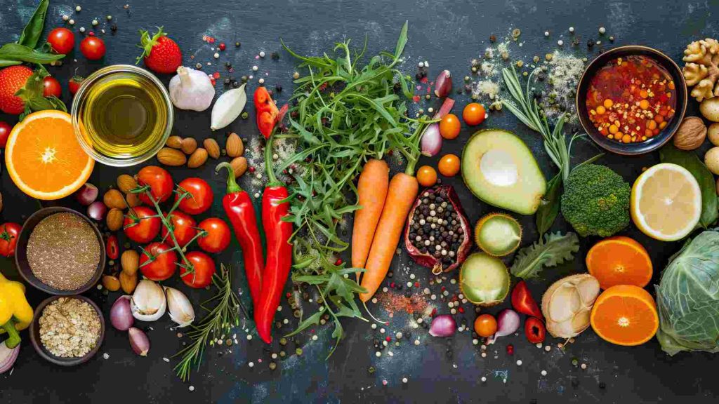 A colorful spread of fruits, veggies, nuts, seeds, oil, and grains arranged on a dark tabletop.
