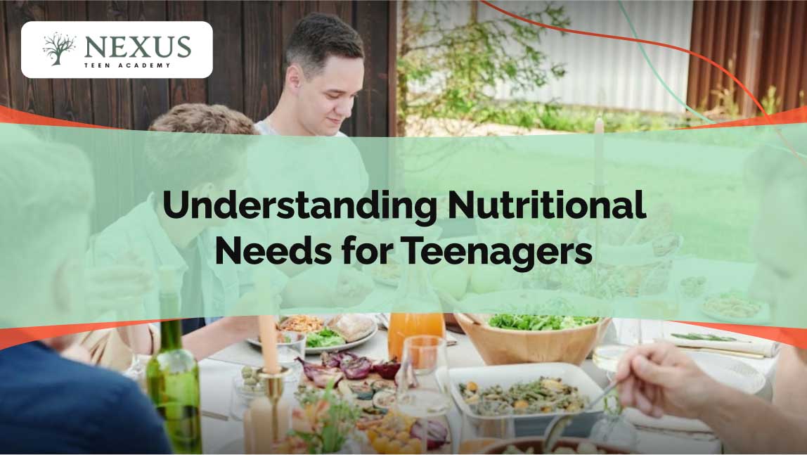 Diverse teens sharing a healthy outdoor meal of salads and veggies under ‘Understanding Nutritional Needs for Teenagers’.