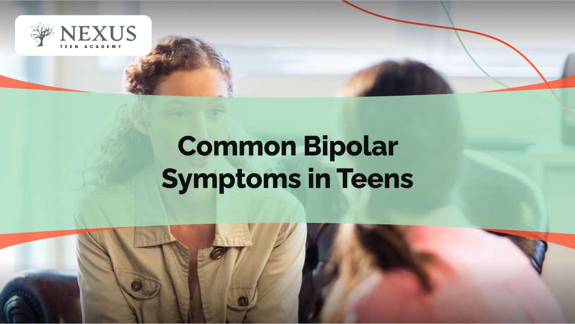 Counselor and teen seated in office, teen listening intently, illustrating discussion of common bipolar symptoms in teens.