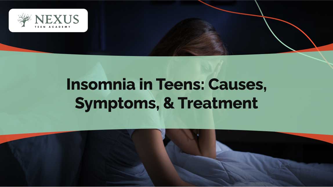 Teen sits awake in a dark bedroom, holding her head in exhaustion, illustrating insomnia in adolescents.