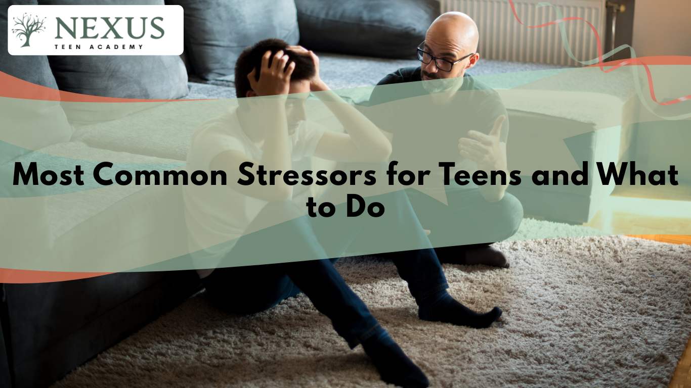 Teen sitting stressed with hands on head while adult offers support, highlighting common teen stressors and coping strategies.