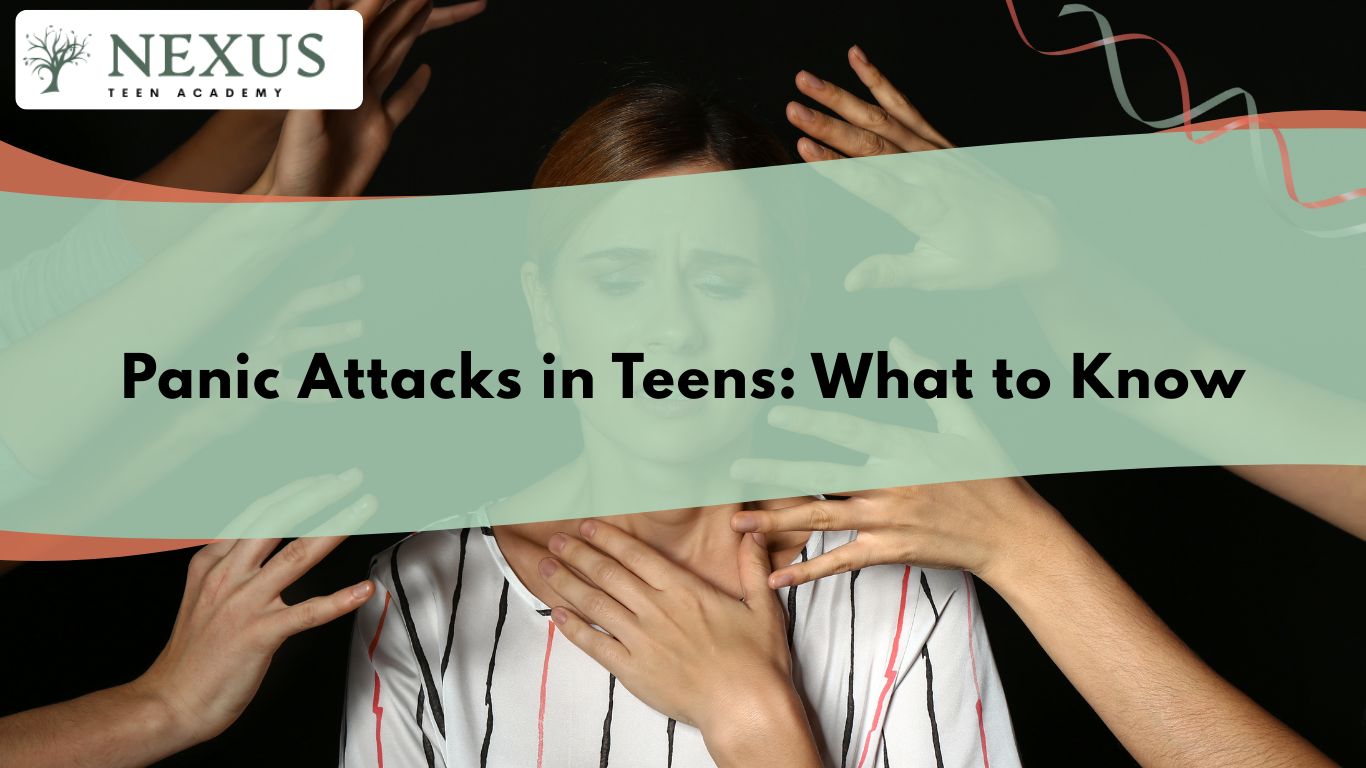 Teen girl holding chest and closing eyes, surrounded by hands, symbolizing anxiety and panic attacks in teens.