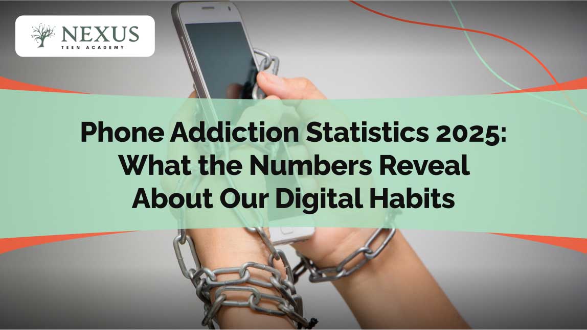 Hands chained to a smartphone, symbolizing phone addiction and digital dependency in 2025.