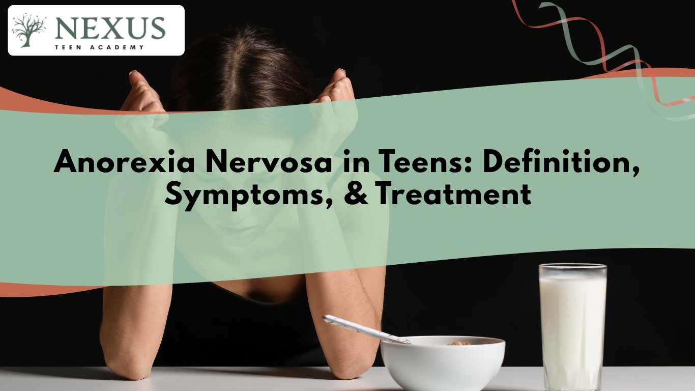 Teen girl in stress besides a bowl and glass of milk, symbolizing anorexia in teens and struggles with restrictive eating.
