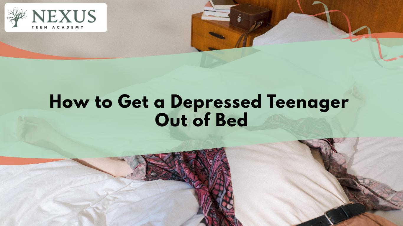 Teen lying in bed with arms spread out, illustrating the struggle of depression and the challenge of getting out of bed.
