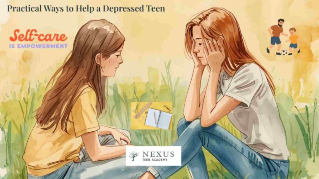 Illustration of a caring teen comforting a sad friend, symbolizing “How to Support Your Teen with Depression.”