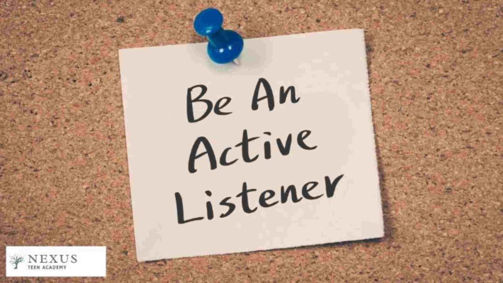 Note pinned on corkboard reading “Be an Active Listener,” symbolizing empathy and trust-building in teen communication.