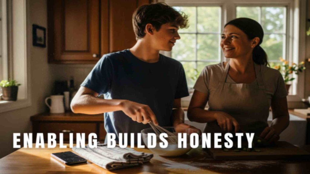 Mother and teen son smiling while cooking together, shows how positive communication avoids persistent lecturing or nagging.