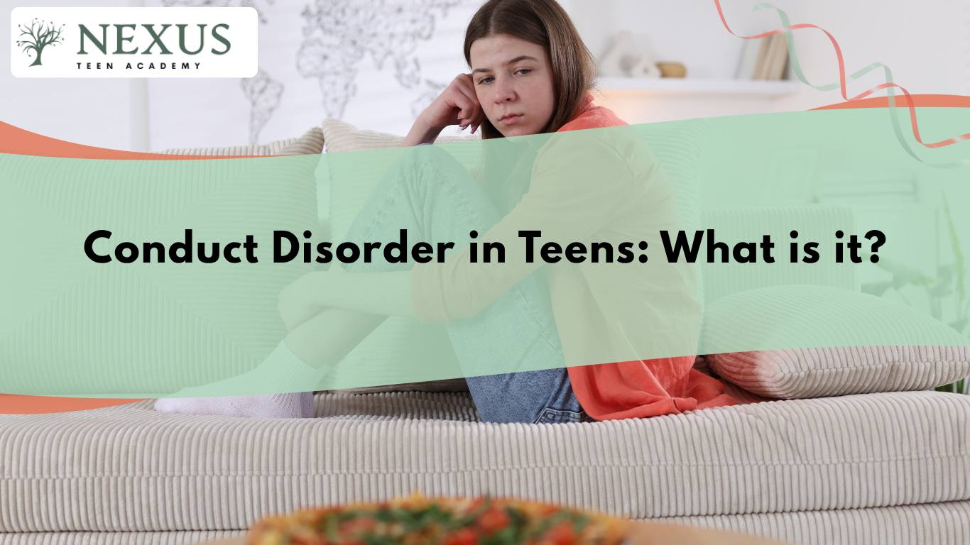 Teen girl sitting on couch looking upset, representing emotional struggles linked to conduct disorder in teens.