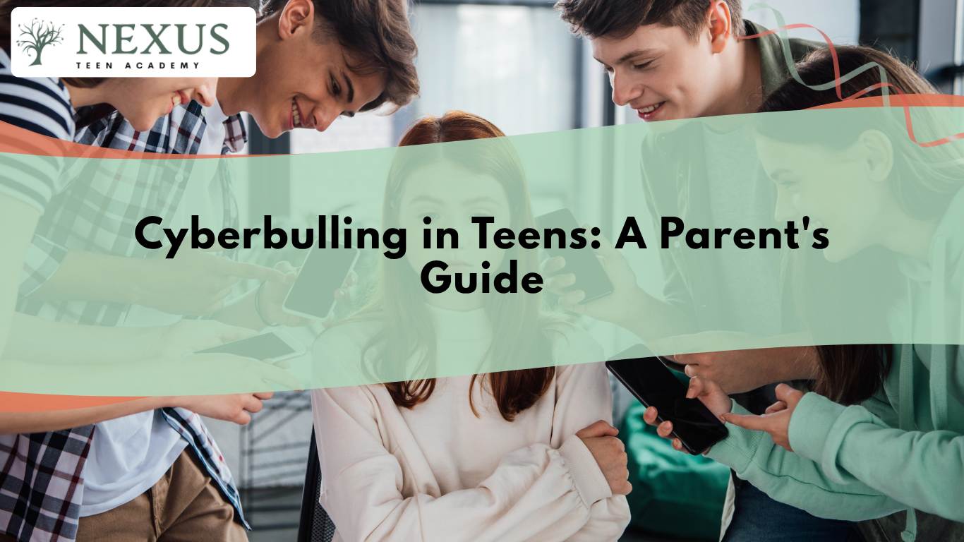 Group of teens using smartphones with one girl looking upset, illustrating cyberbullying in teens and parental awareness.