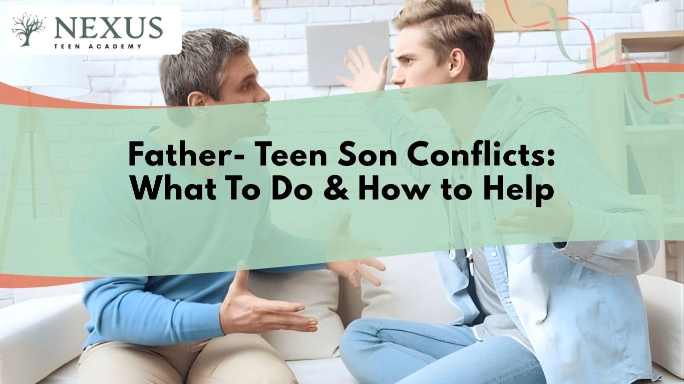 Father and teen son arguing on a couch, capturing tension and emotional distance discussed in guidance on rebuilding trust.