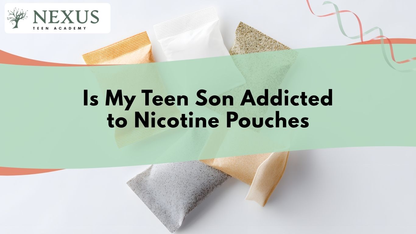 Image showing assorted nicotine pouches beneath a title asking if a teen son may be developing nicotine dependence.