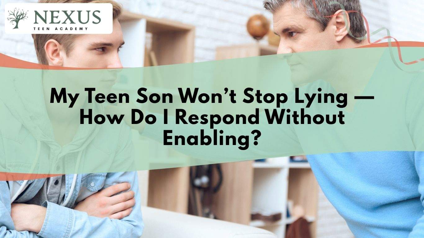Father talking seriously with his teen son, representing the challenge of responding without enabling lying behavior.