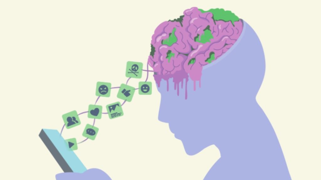 A teen brain reacting to nonstop phone content, symbolizing dopamine cycles and rising social media anxiety in teen boys.
