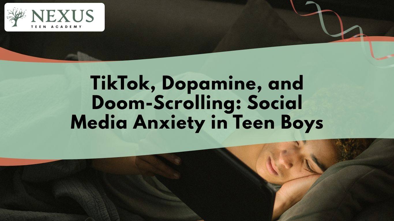 Teen boy lying in bed scrolling on his phone, illustrating TikTok habits and the social media anxiety affecting teen boys.