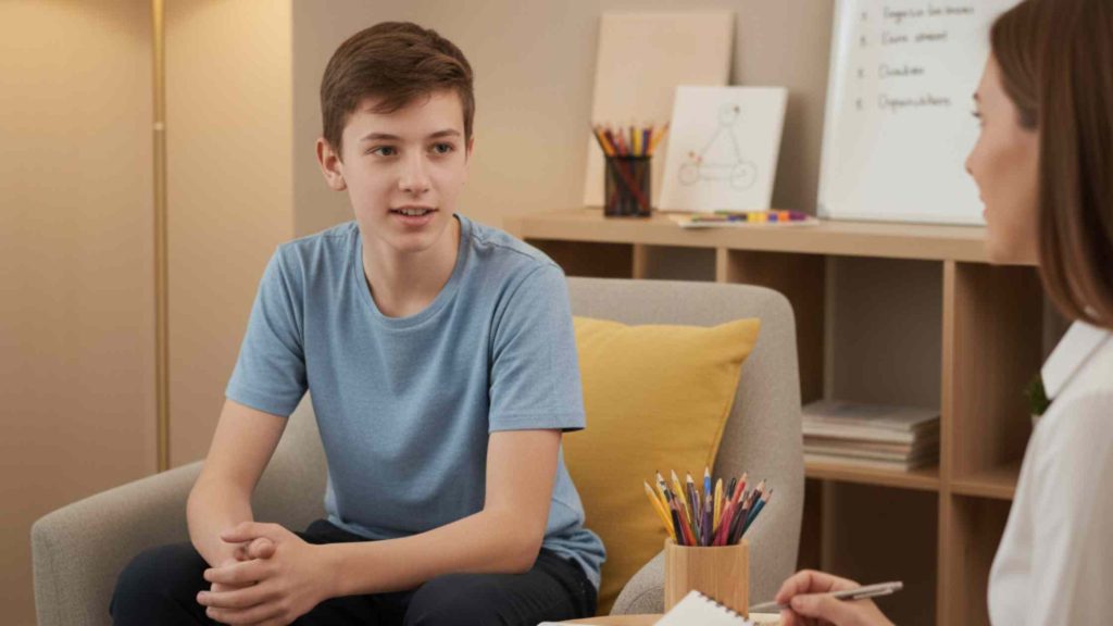 Teen receiving 1-on-1 evidence-based therapy in a residential treatment setting focused on emotional regulation and behavior.