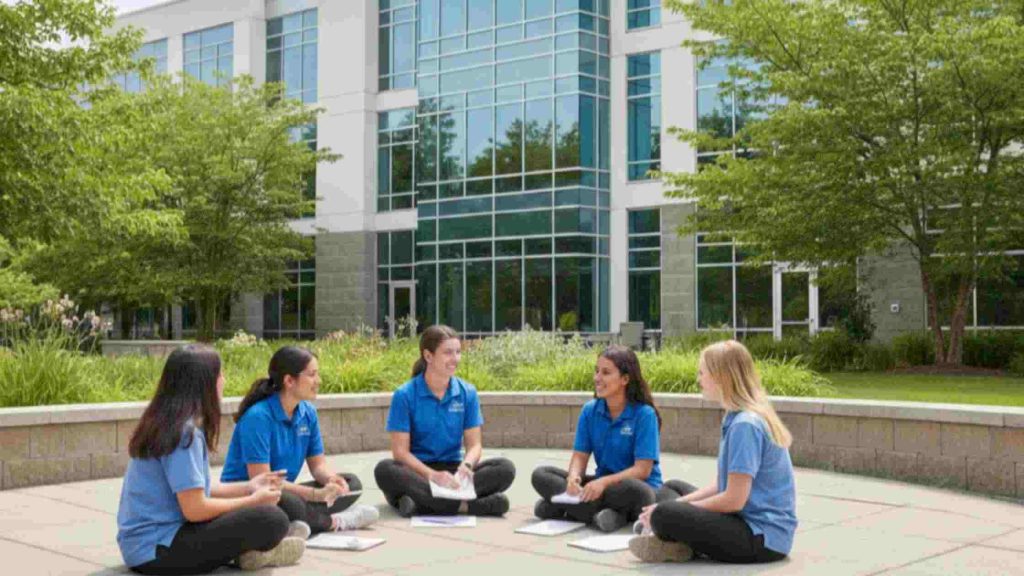 Teens engaged in a group discussion within a residential program supporting high-functioning teens with behavior challenges.
