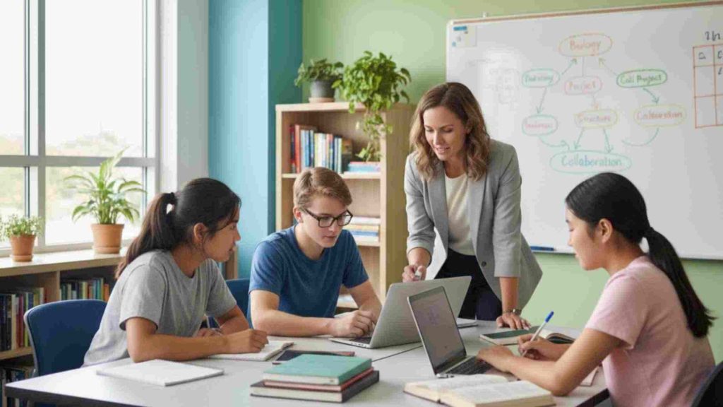 Teens in a structured group setting that reflects different residential program types designed for high-functioning teens.