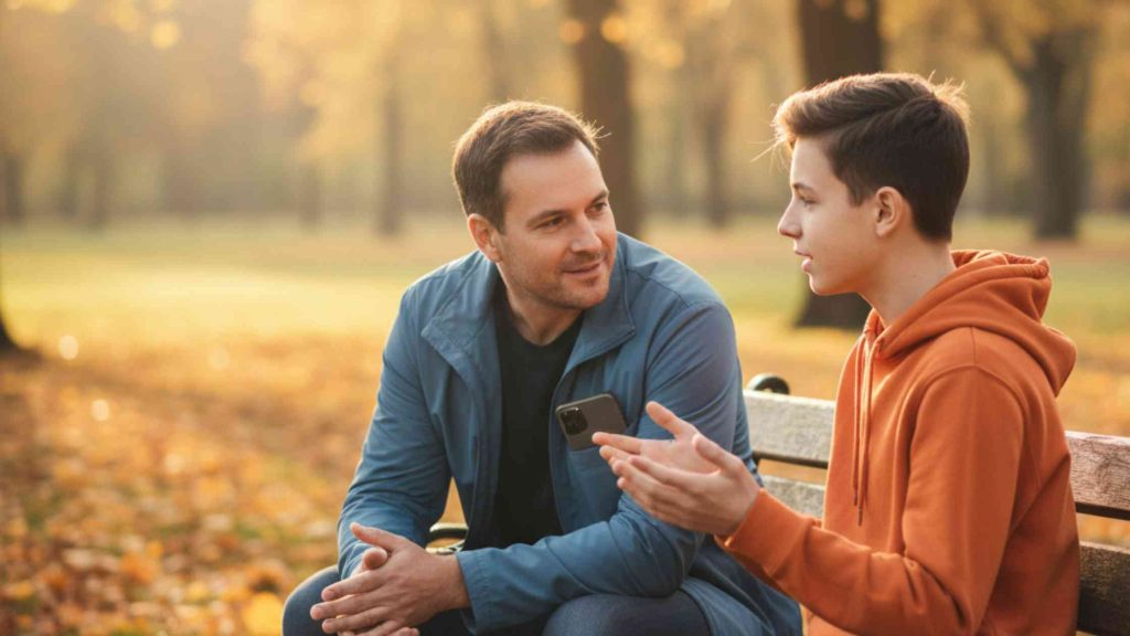 Father and teenage son talking on a park bench, showing open communication, trust building, and emotional connection.