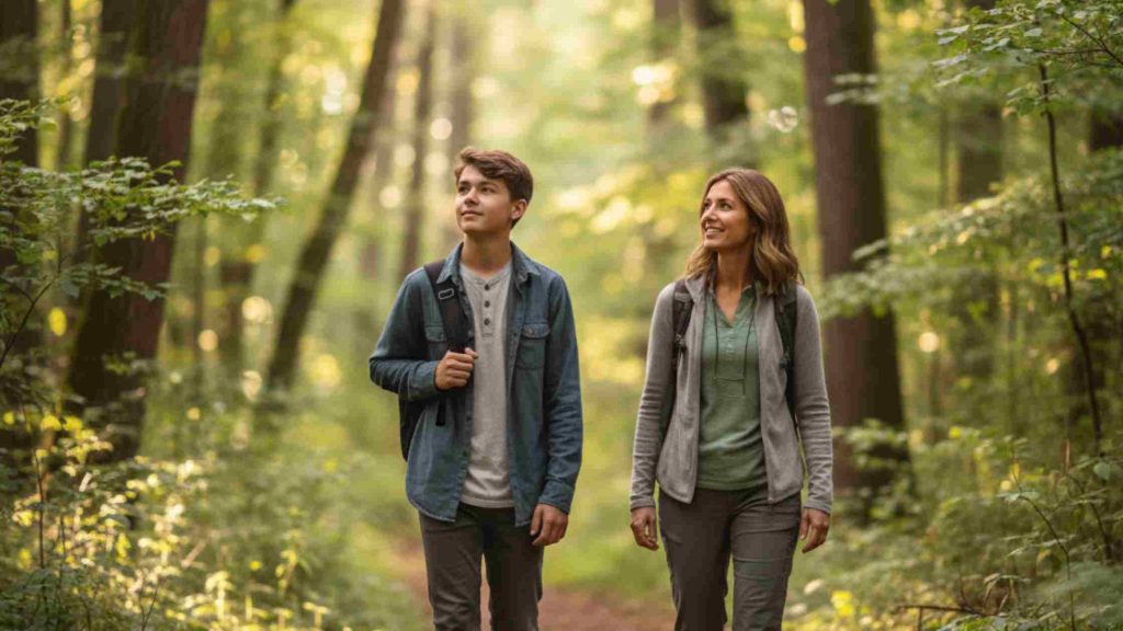 Teenage son and mother in a forest, reflecting support, presence, and well-being through shared time and connection.