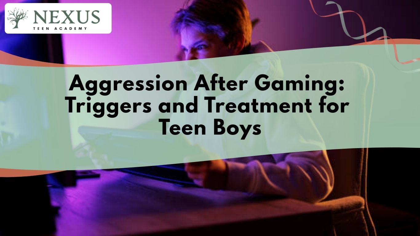 Teen boy gaming at night; a headline about gaming aggression in teen boys and treatment options displays in the forefront.