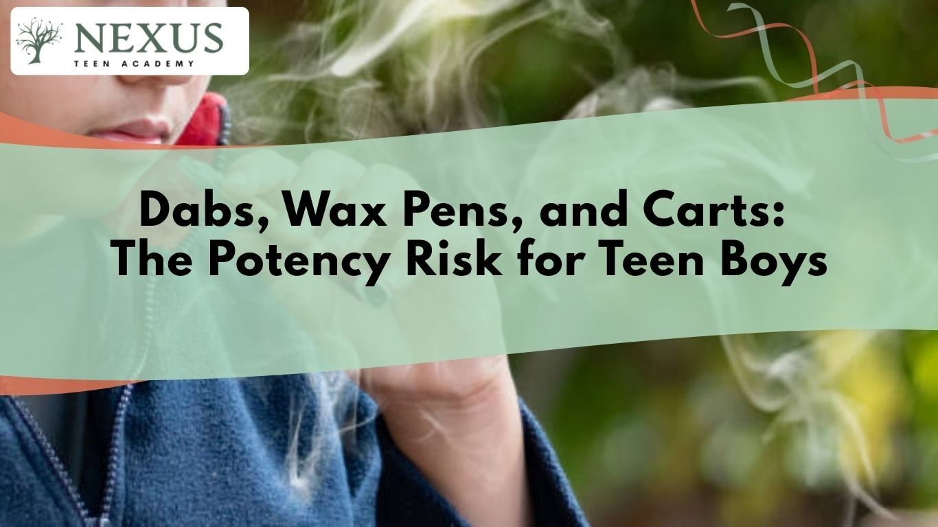 Teen boy vaping marijuana concentrate, illustrating dangers of dabs, wax pens, and THC carts on adolescent brain health.