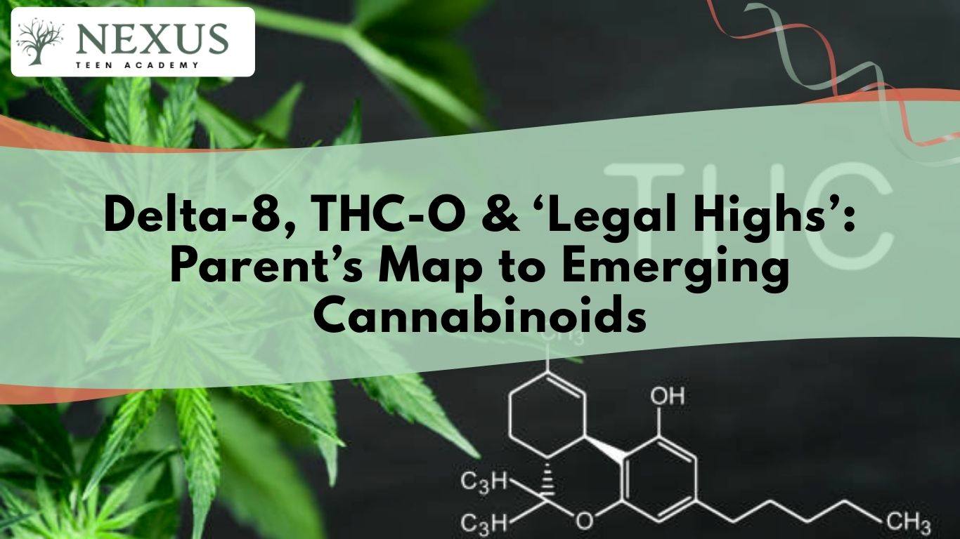 Educational graphic with cannabis leaf and molecule illustrating Delta-8, THC-O and legal highs risks for parents of teens.