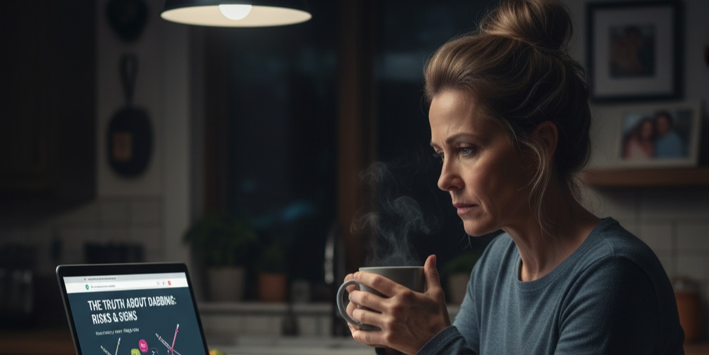 Concerned parent researching teen dabbing risks on a laptop, reflecting the need to educate yourself before responding.