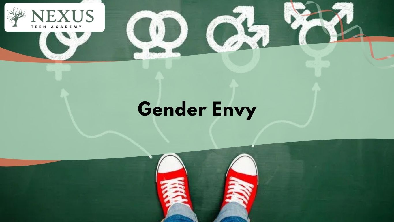 Visual depiction of gender envy using gender symbols and directional paths reflecting teen identity and social exposure.