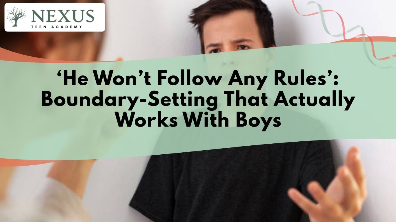 Frustrated teenage boy arguing with parent, illustrating boundary setting for teen boys and rule defiance at home.