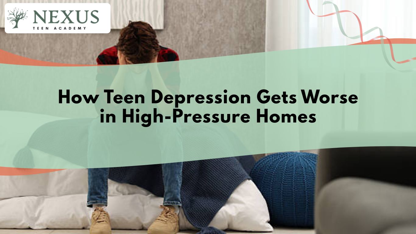 Teen boy sitting on bed with head in hands, reflecting emotional stress linked to teen depression in high-pressure homes.