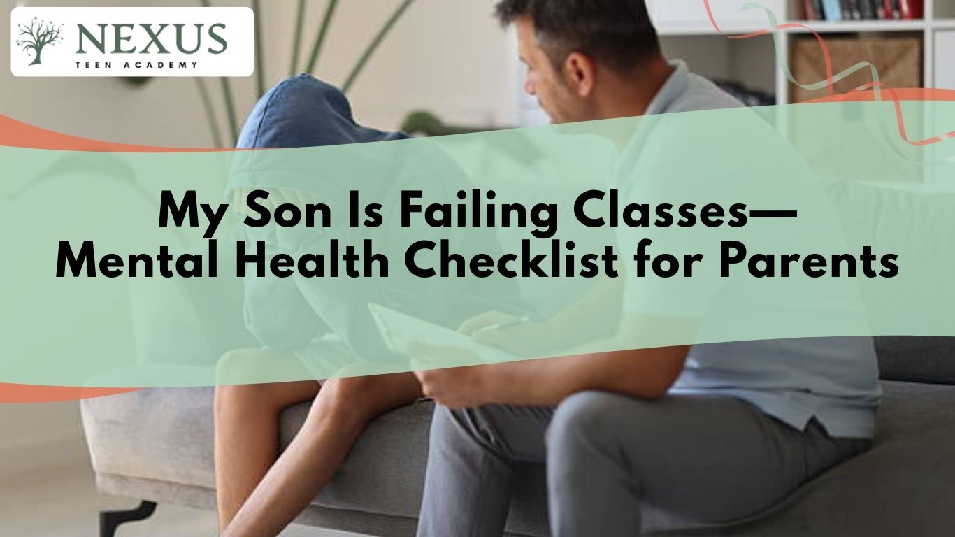 Father sitting with teen son on couch, reflecting concern about failing classes and mental health struggles.