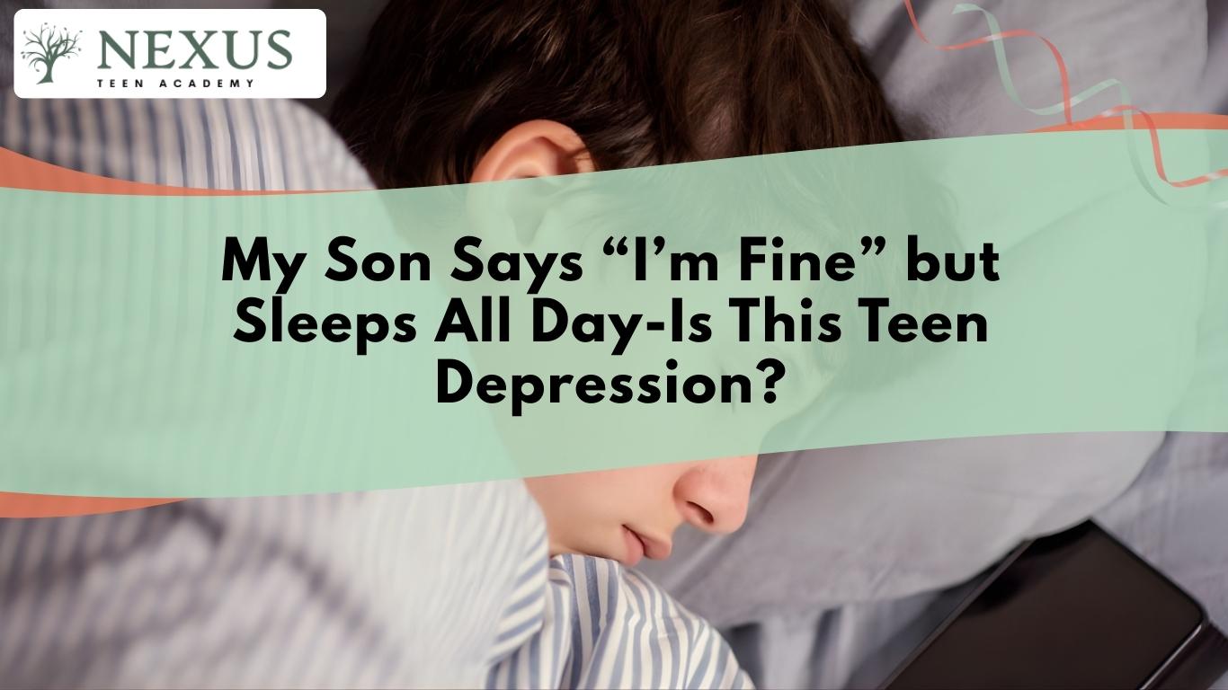 Teen boy lying in bed while parent worries, reflecting signs of teen depression when a son says he’s fine but sleeps all day.