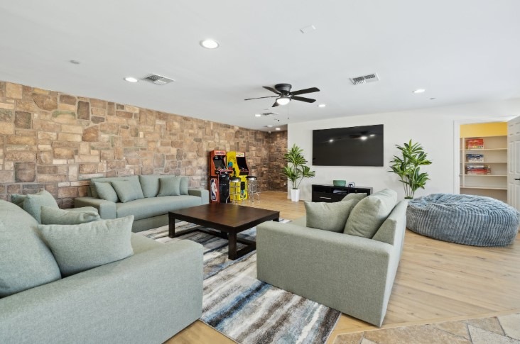 Comfortable residential treatment living room offering safe space for teens focusing on recovery, therapy support.