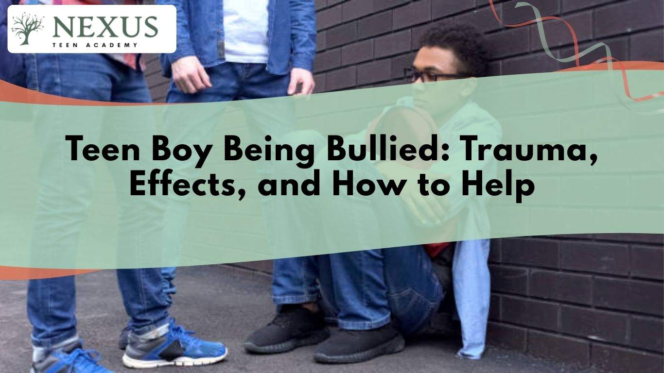 Teen boy sitting alone against a wall while peers stand nearby, reflecting emotional impact of teen bullying.