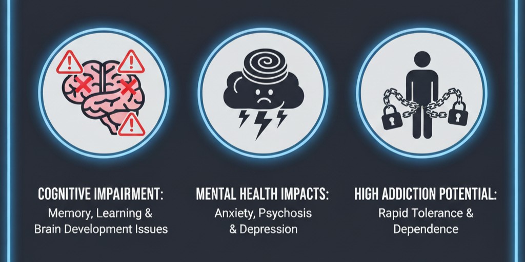 Icons showing teen dabbing risks, including cognitive impairment, mental health issues, and high addiction potential.
