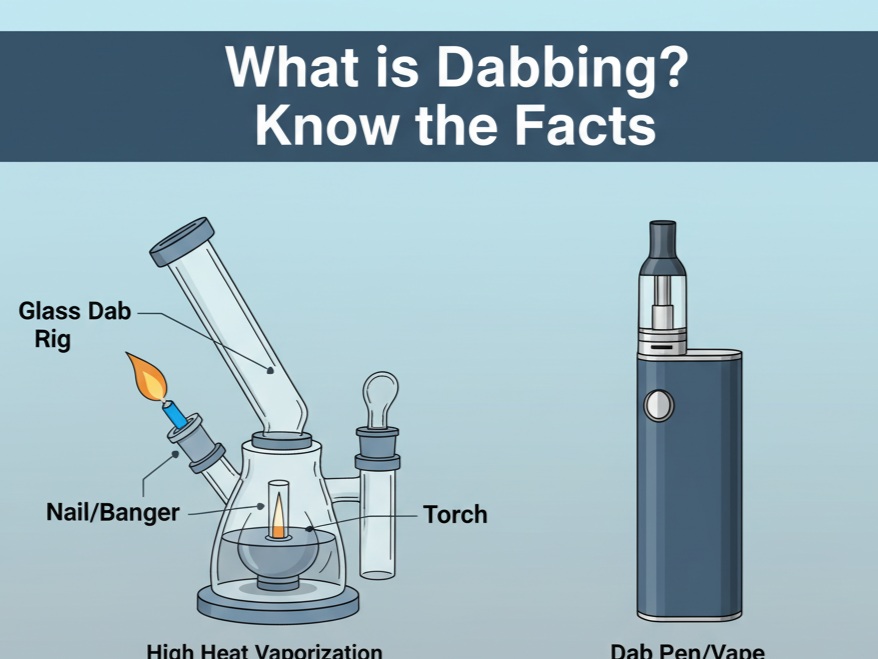 Diagram explaining what dabbing is, showing dab rig, torch, nail and vape pen to help parents understand teen dabbing risks.