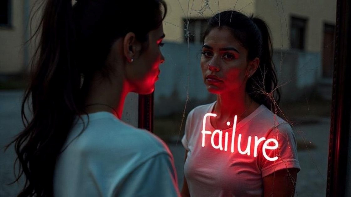 Teen girl staring at reflection with word failure glowing, symbolizing rumination, shame, and fear of judgment among teens.