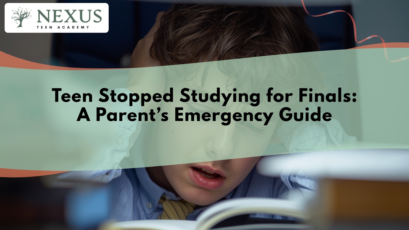 Stressed teen unable to study for final exams with books and notes on desk