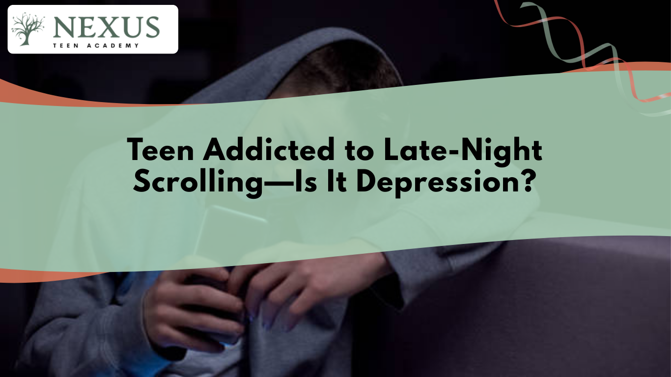 Teen using phone at night with Nexus banner showing late-night scrolling, sleep disruption, and teen mental health concerns.