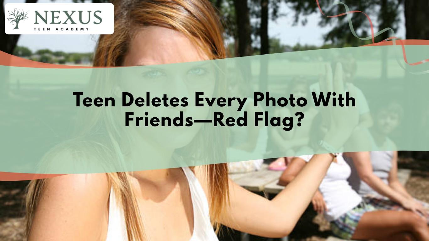Teen looking at phone deciding to delete photos with friends as a sign of emotional distress