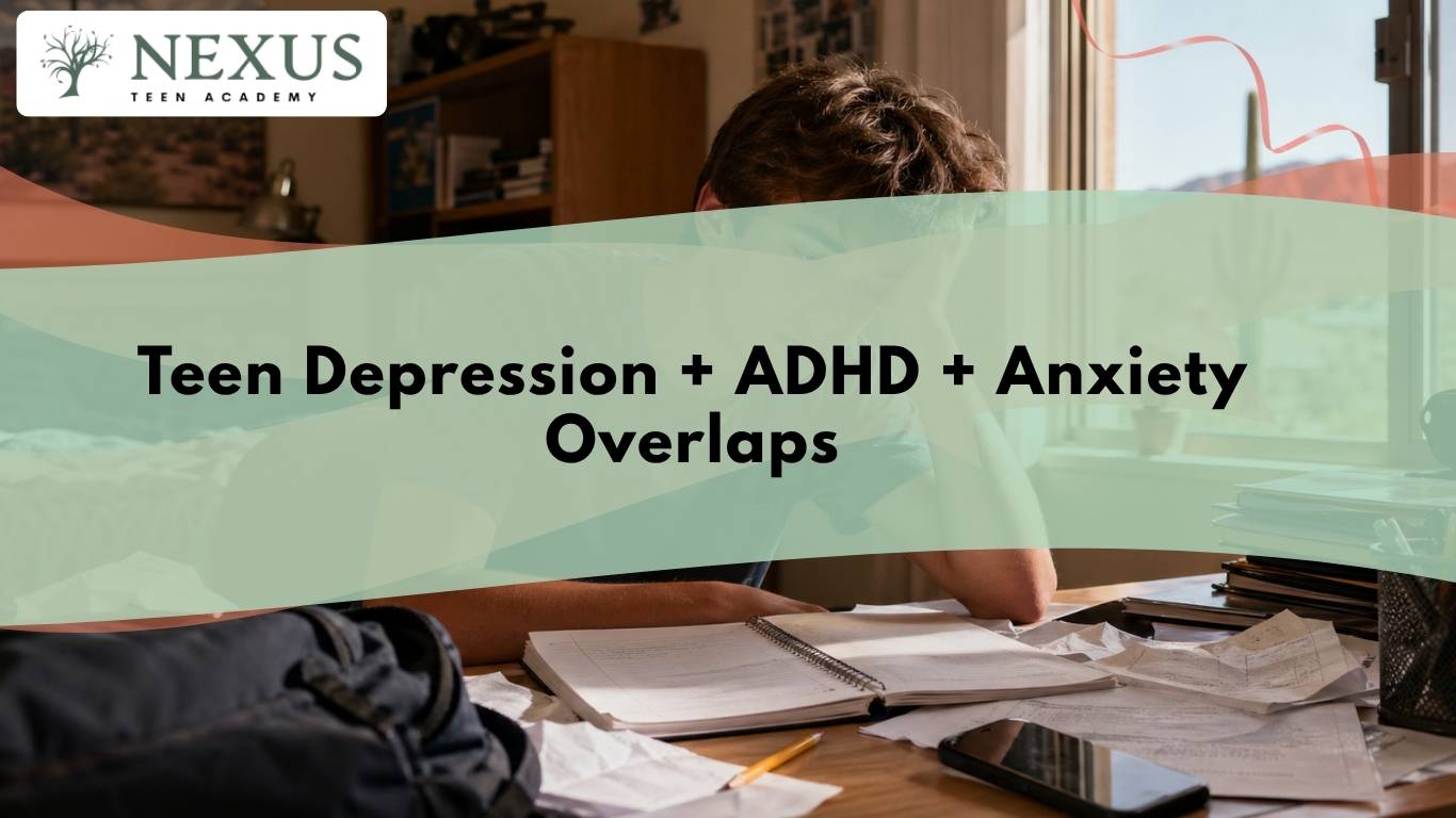 Teen overwhelmed by schoolwork, reflecting teen depression, ADHD, and anxiety overlaps affecting focus and stress levels.