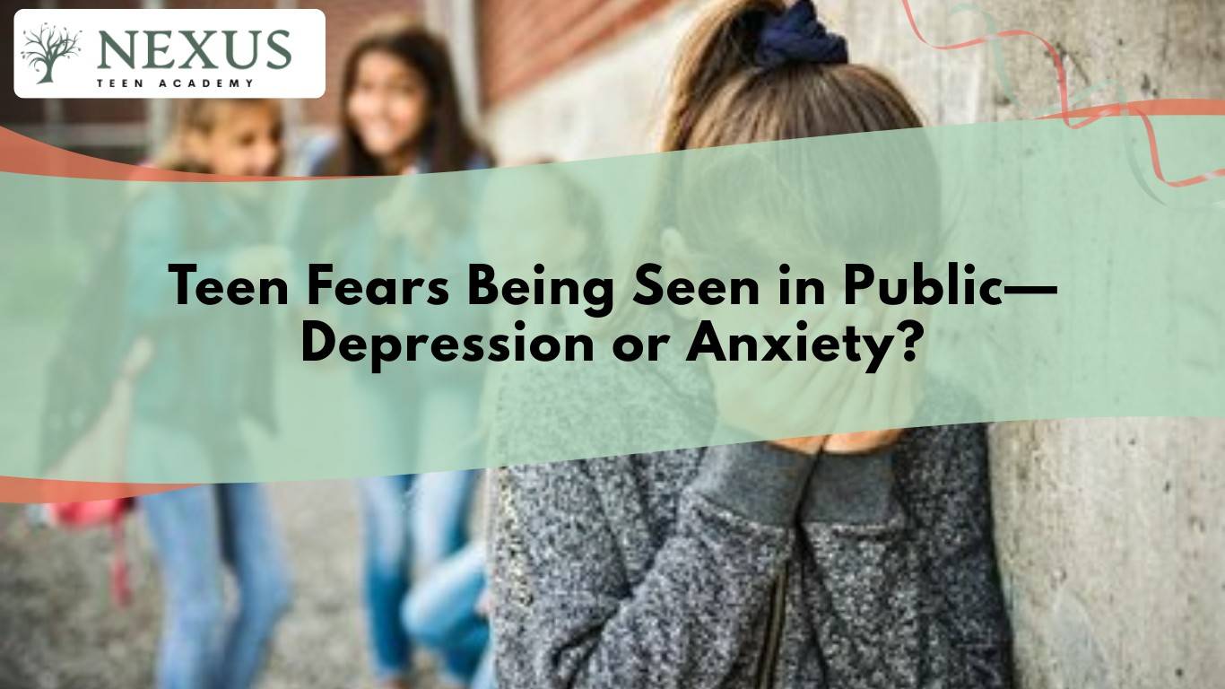 Teen girl covering face as peers laugh in the background, showing a teen's public fear tied to depression or anxiety.