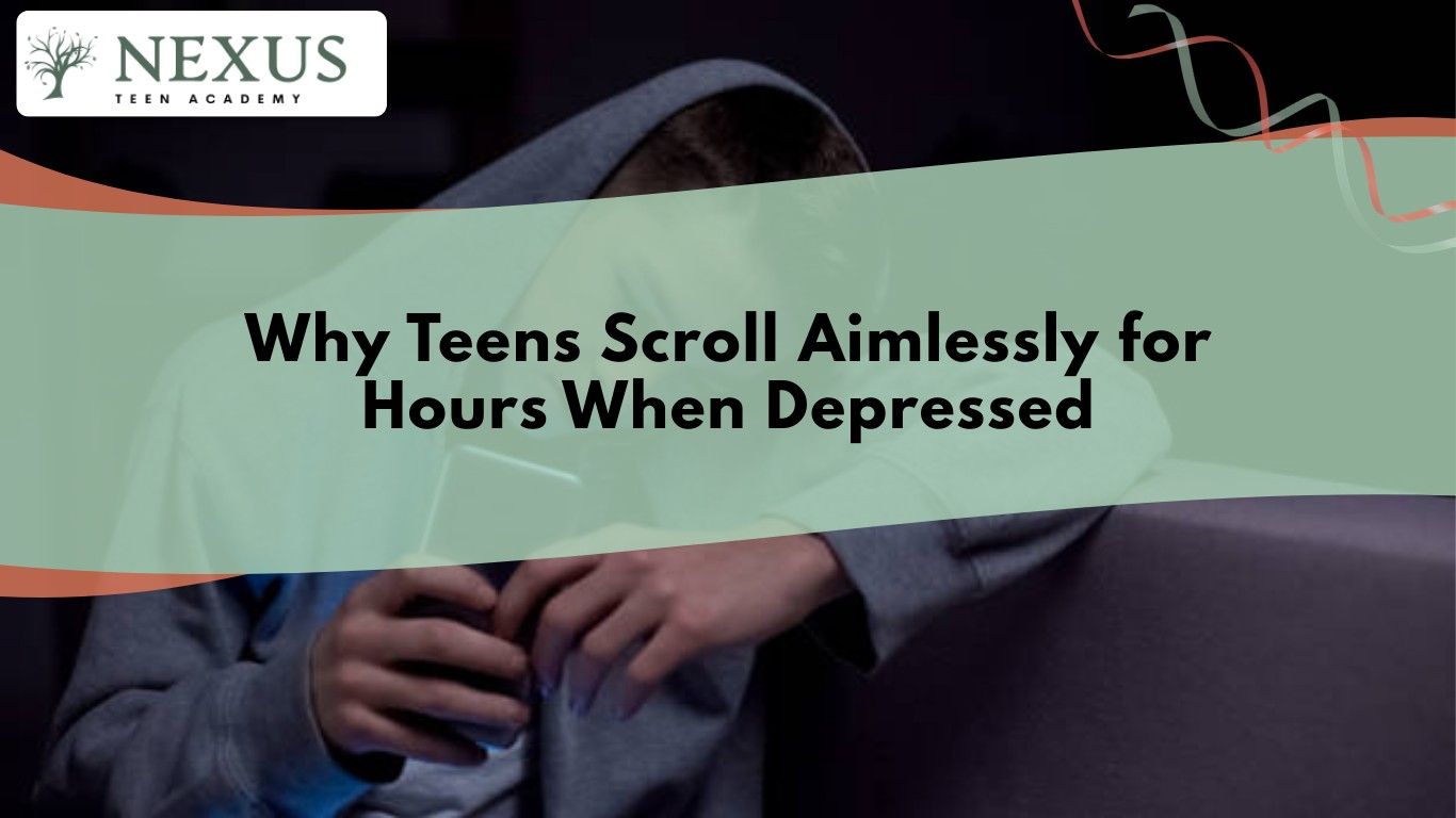 Teen in a hoodie scrolling on a phone, highlighting how depressed teens use aimless scrolling to cope with low mood.