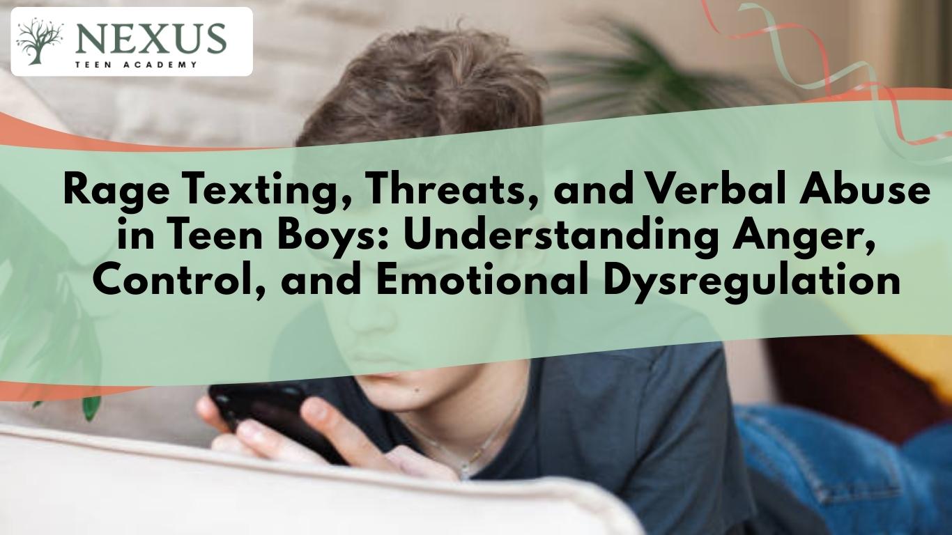 Teen boy looking at phone during emotional conflict tied to rage texting, threats, and verbal abuse online behavior.