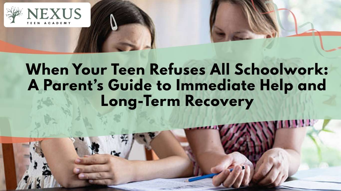 Parent supporting overwhelmed teen during schoolwork struggles in guide about academic shutdown recovery for families.